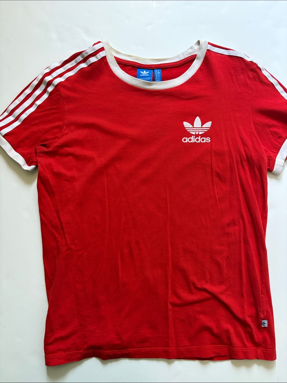 adidas Red Tee with White Trim and Three Stripes